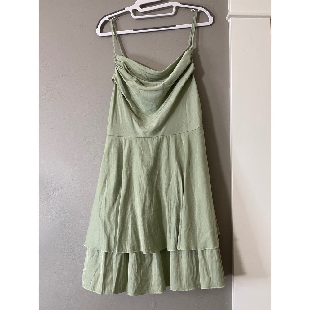 SHEIN Sage Green Cowl Neck Tiered Mini Dress Adjustable Straps Size L 8/10